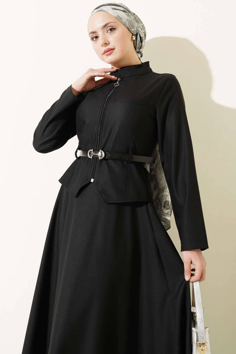 Basic Belted Zip Skirt Set - Black