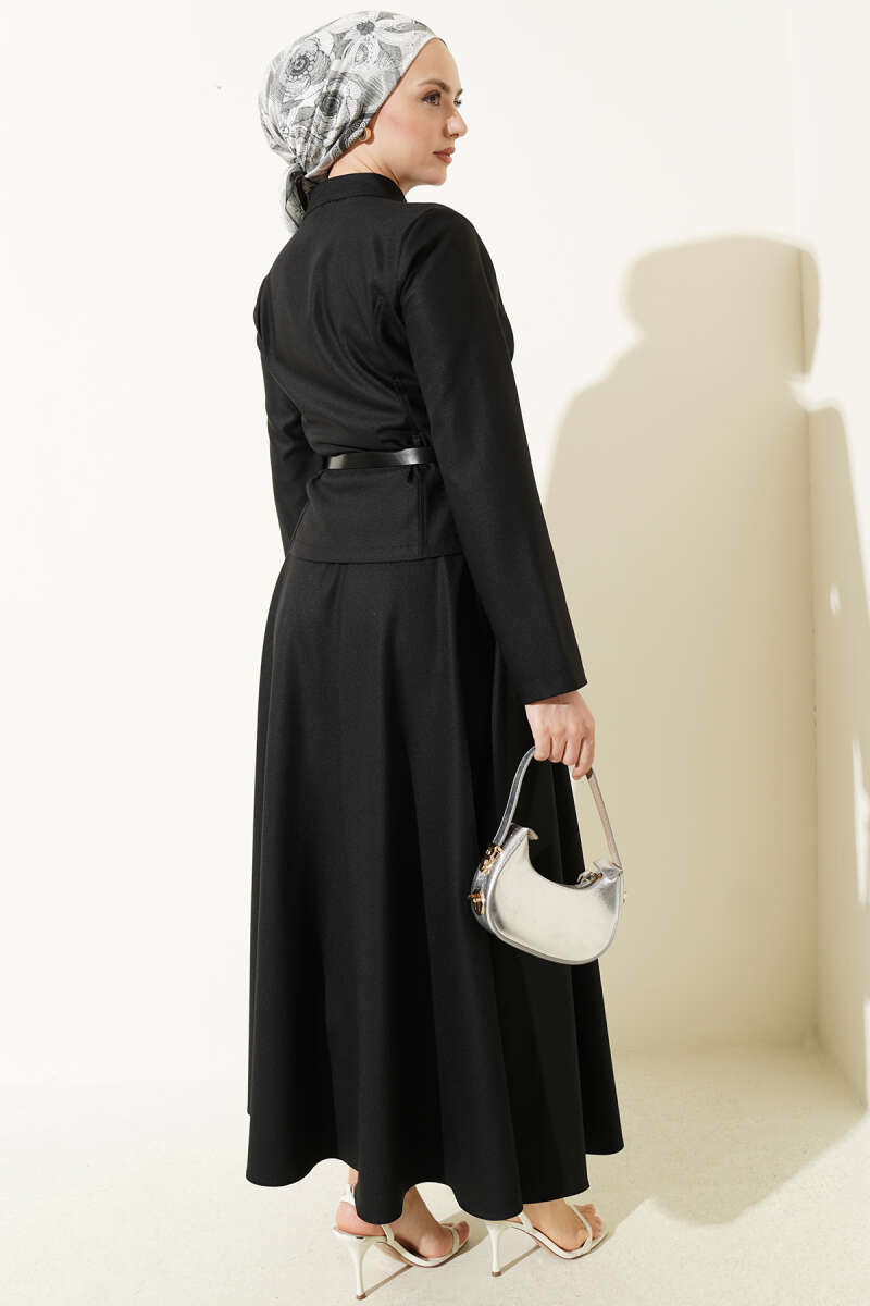 Basic Belted Zip Skirt Set - Black