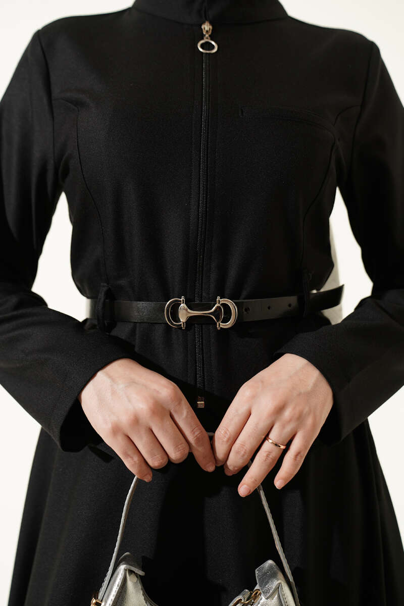 Basic Belted Zip Skirt Set - Black