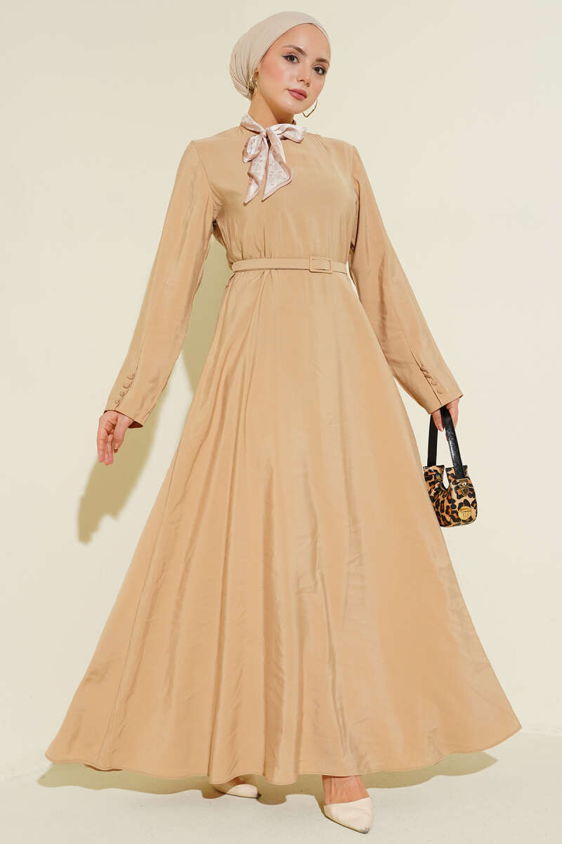 Belted Tencel Dress with Scarf - Beige