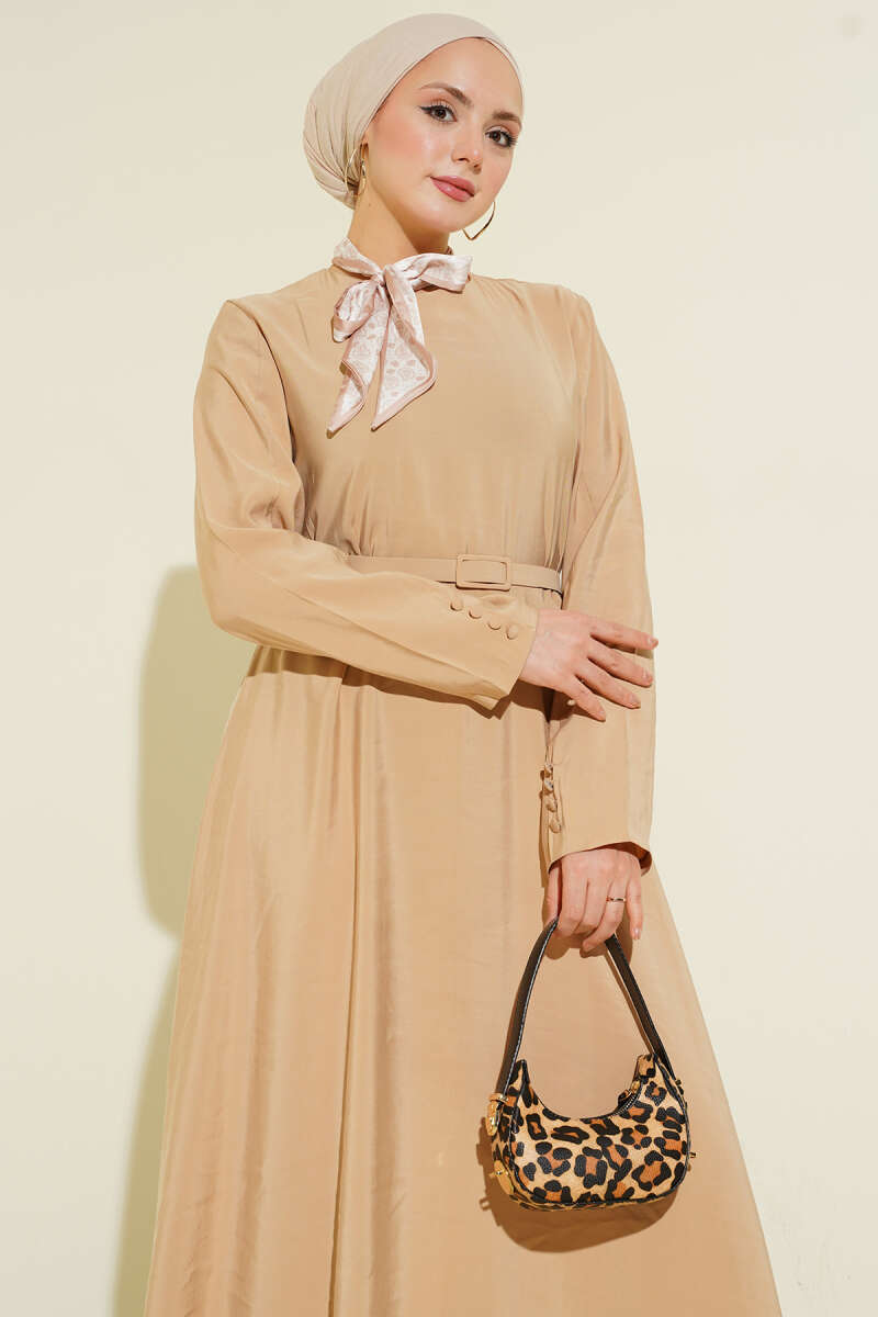 Belted Tencel Dress with Scarf - Beige