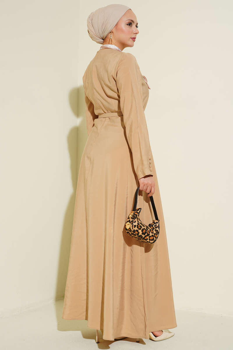 Belted Tencel Dress with Scarf - Beige