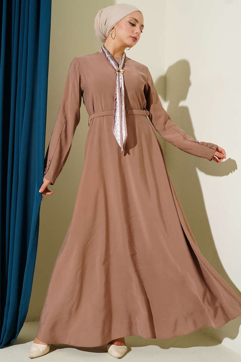 Belted Tencel Dress with Scarf - Latte