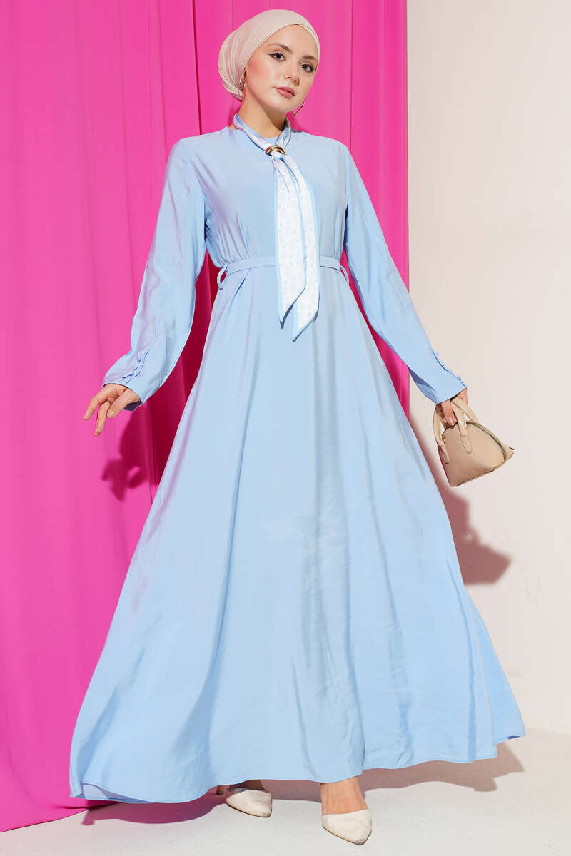 Belted Tencel Dress with Scarf - Blue