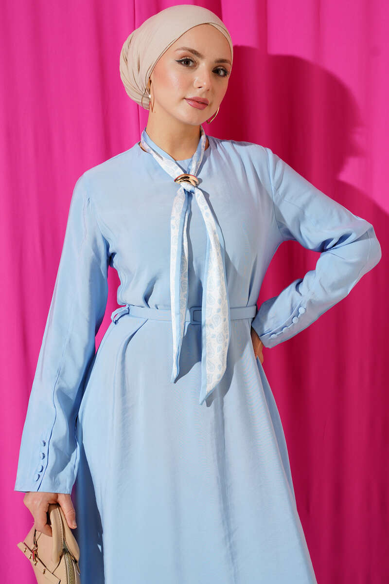 Belted Tencel Dress with Scarf - Blue
