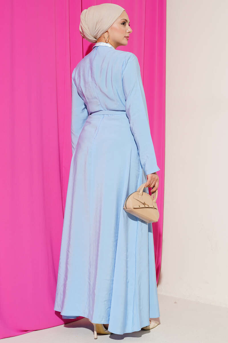Belted Tencel Dress with Scarf - Blue
