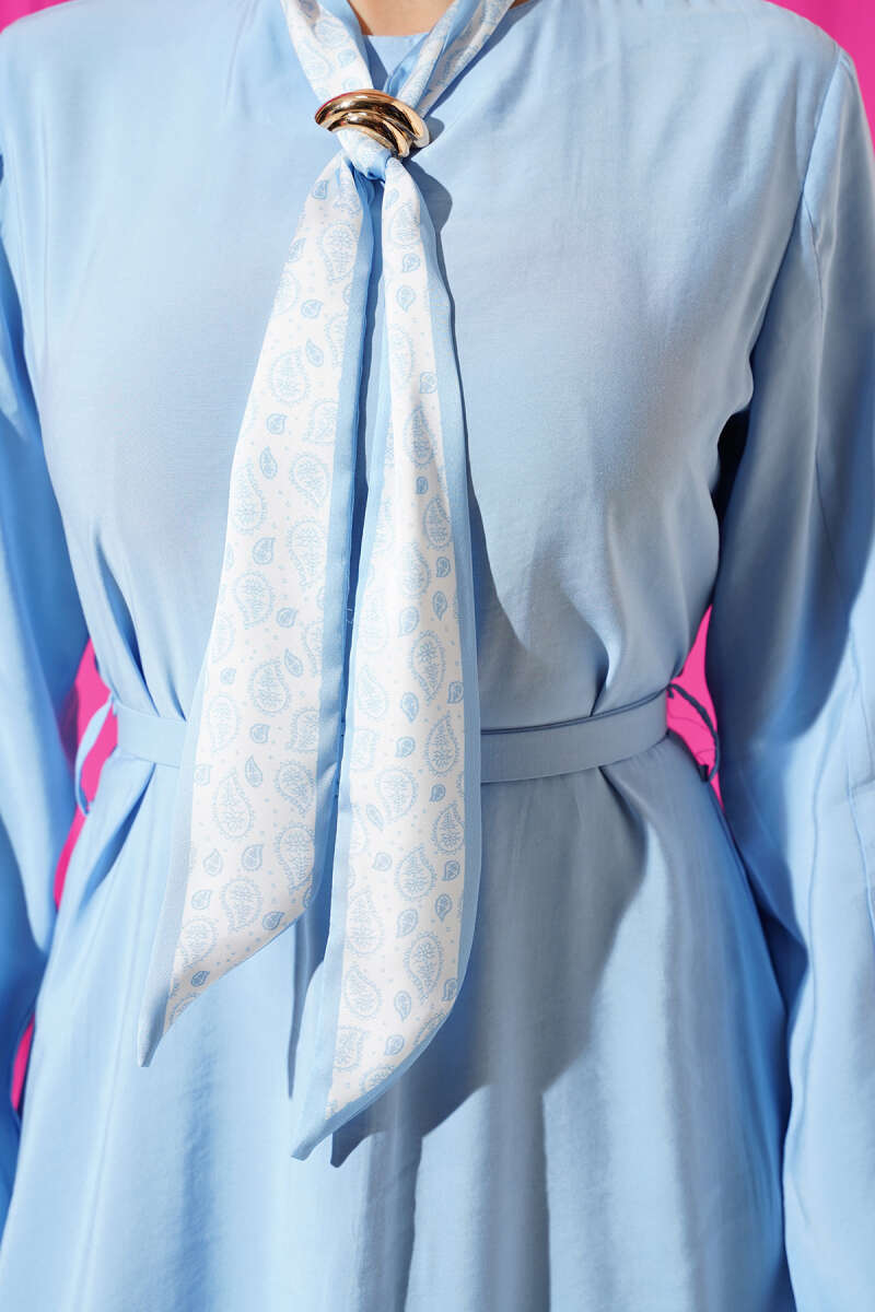 Belted Tencel Dress with Scarf - Blue