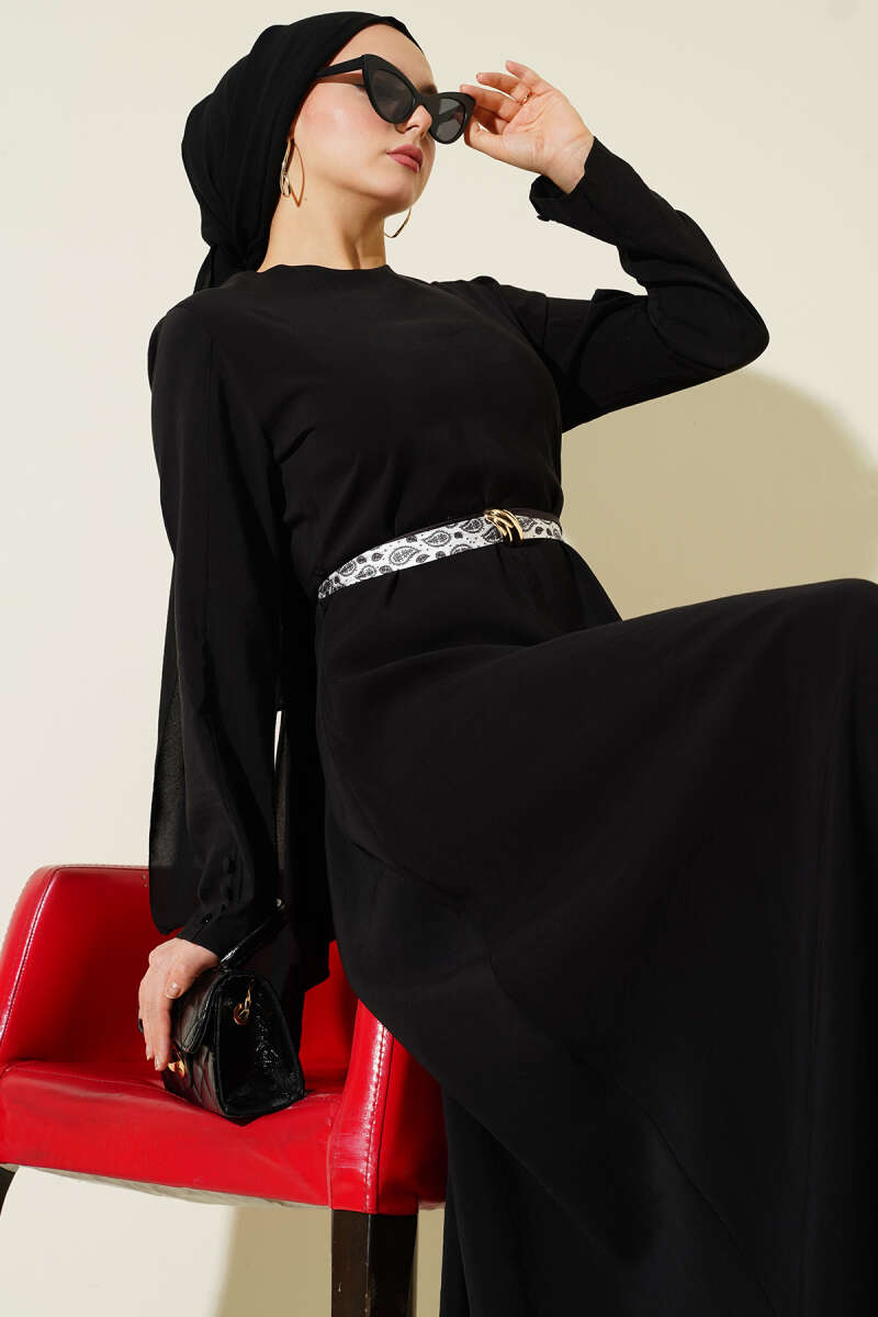 Belted Tencel Dress with Scarf - Black