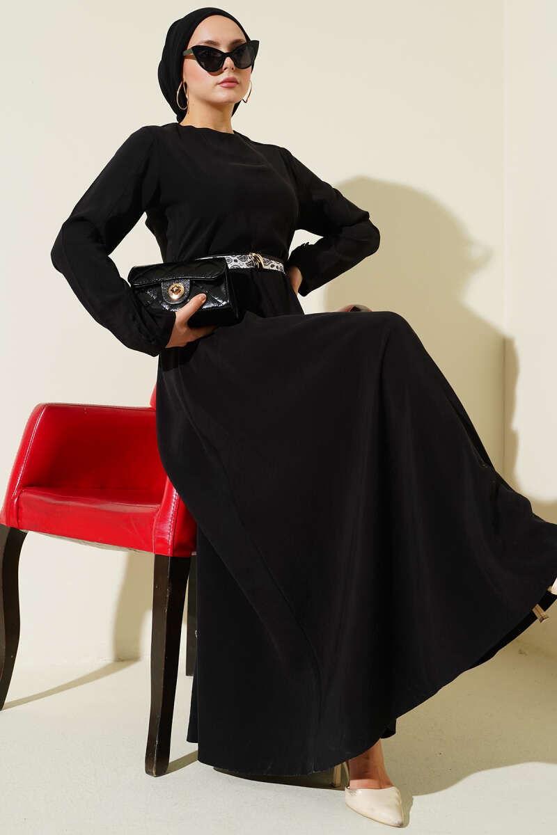 Belted Tencel Dress with Scarf - Black
