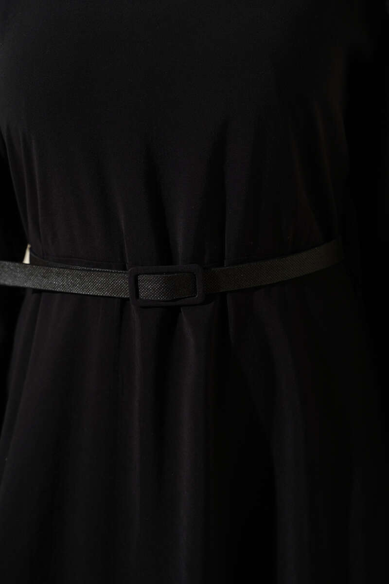 Belted Tencel Dress with Scarf - Black