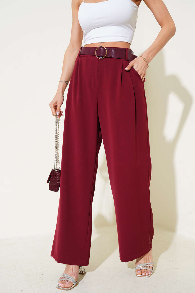 Loose Belted Wide-Leg Pants - Burgundy