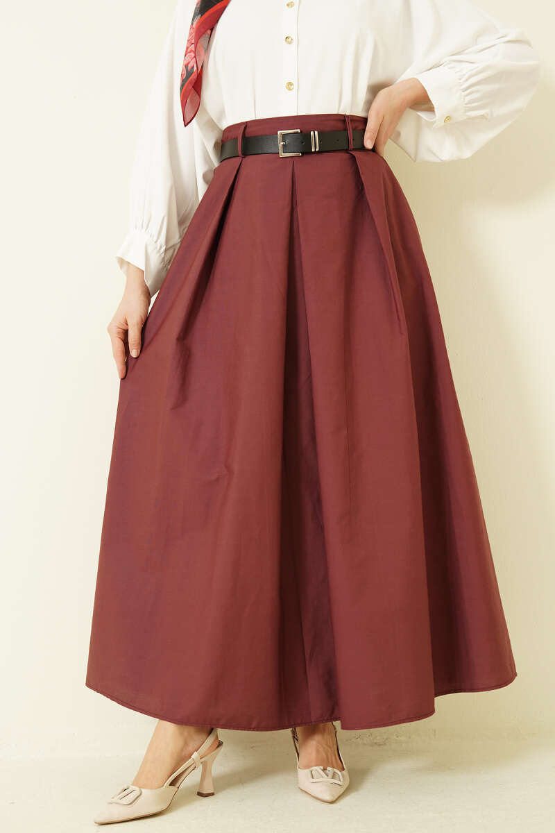 Belted Wide-Pleat Poplin Skirt - Burgundy