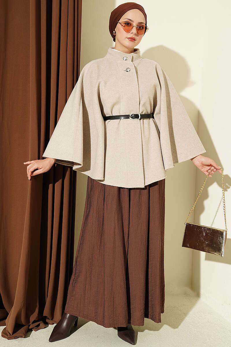 Belted Mandarin-Collar Felt Poncho - Beige