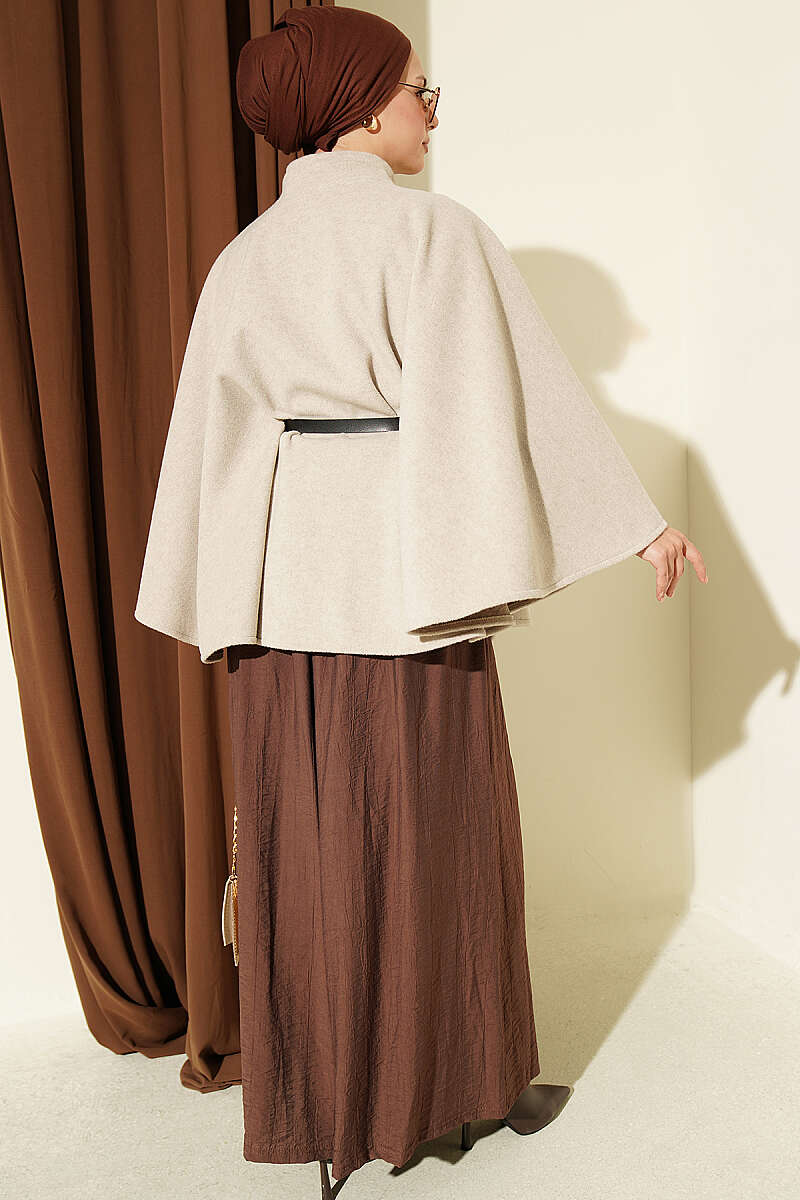 Belted Mandarin-Collar Felt Poncho - Beige