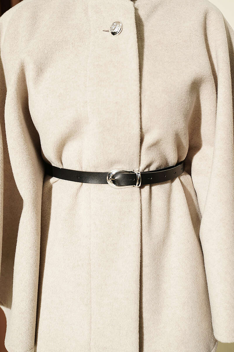 Belted Mandarin-Collar Felt Poncho - Beige