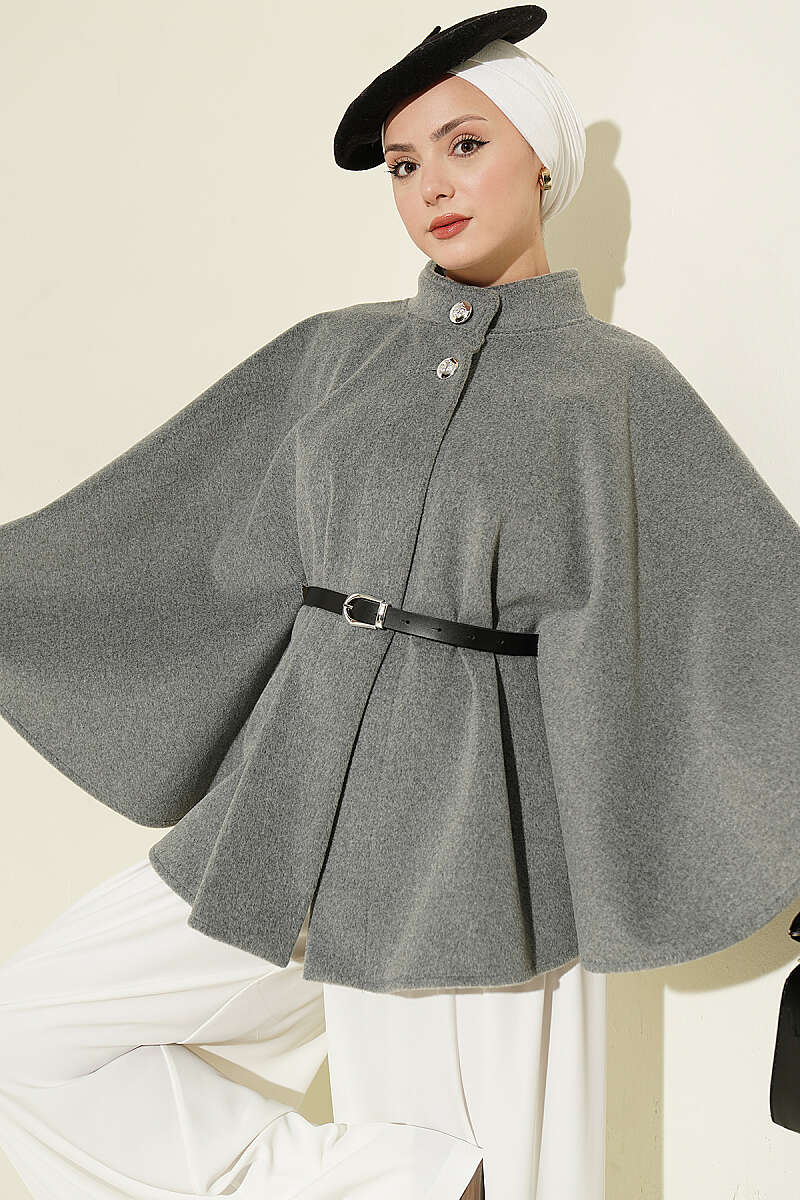 Belted Mandarin-Collar Felt Poncho - Grey