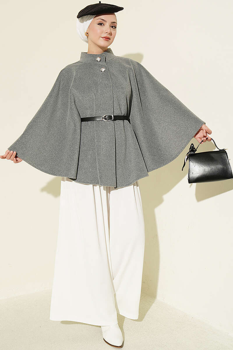 Belted Mandarin-Collar Felt Poncho - Grey