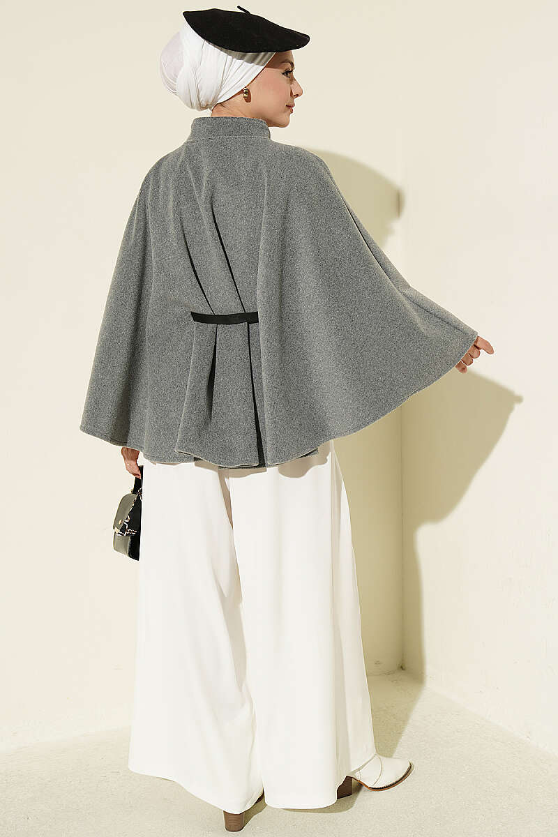 Belted Mandarin-Collar Felt Poncho - Grey