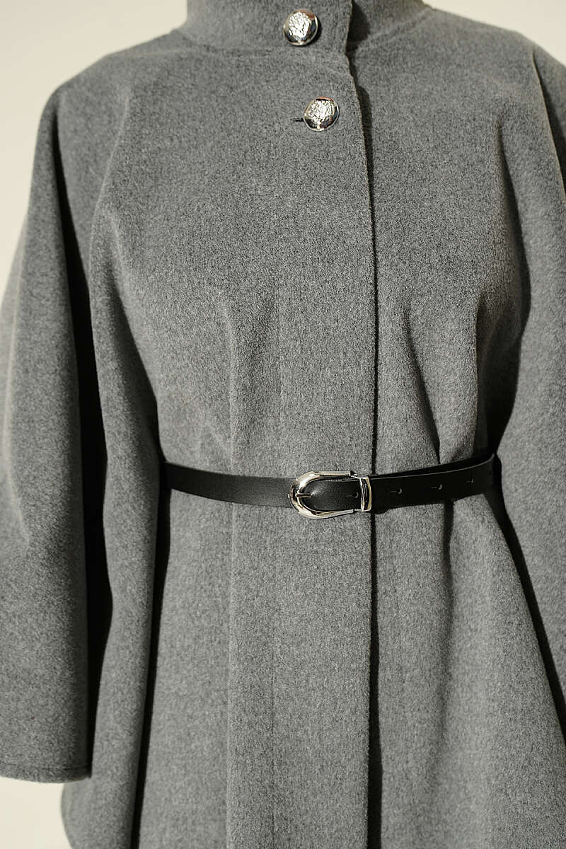 Belted Mandarin-Collar Felt Poncho - Grey