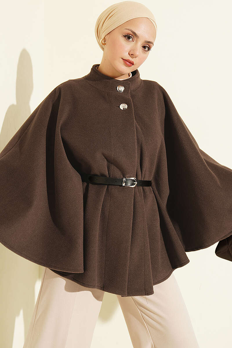 Belted Mandarin-Collar Felt Poncho - Brown