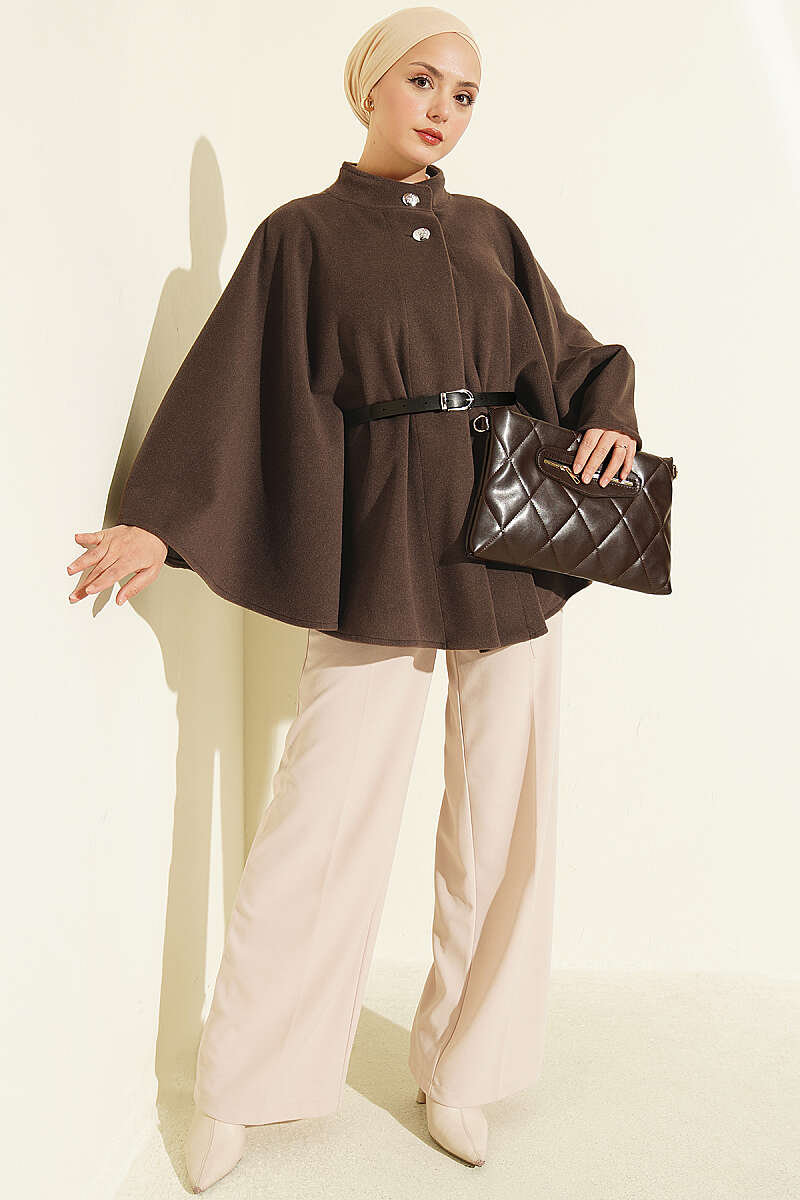 Belted Mandarin-Collar Felt Poncho - Brown