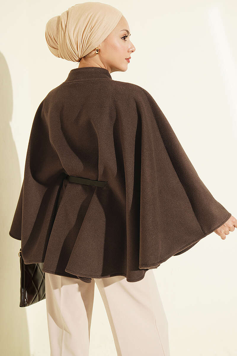 Belted Mandarin-Collar Felt Poncho - Brown
