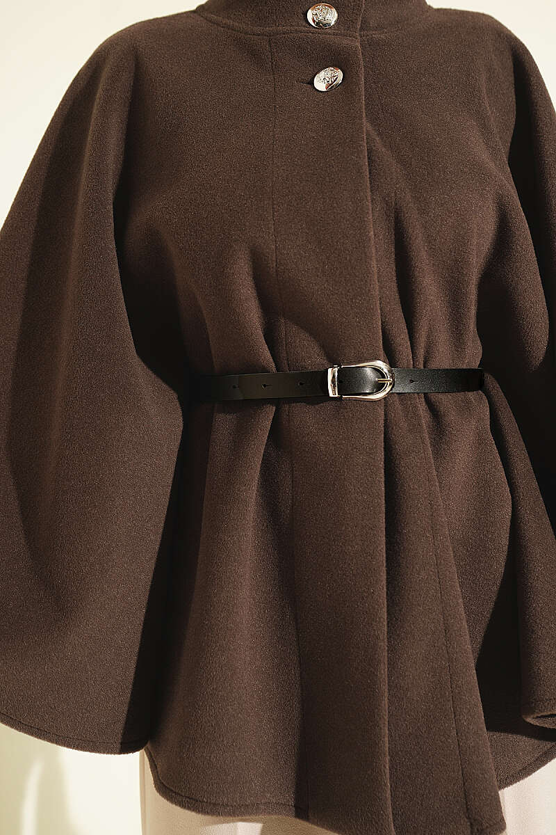 Belted Mandarin-Collar Felt Poncho - Brown