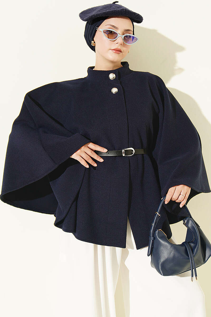 Belted Mandarin-Collar Felt Poncho - Navy