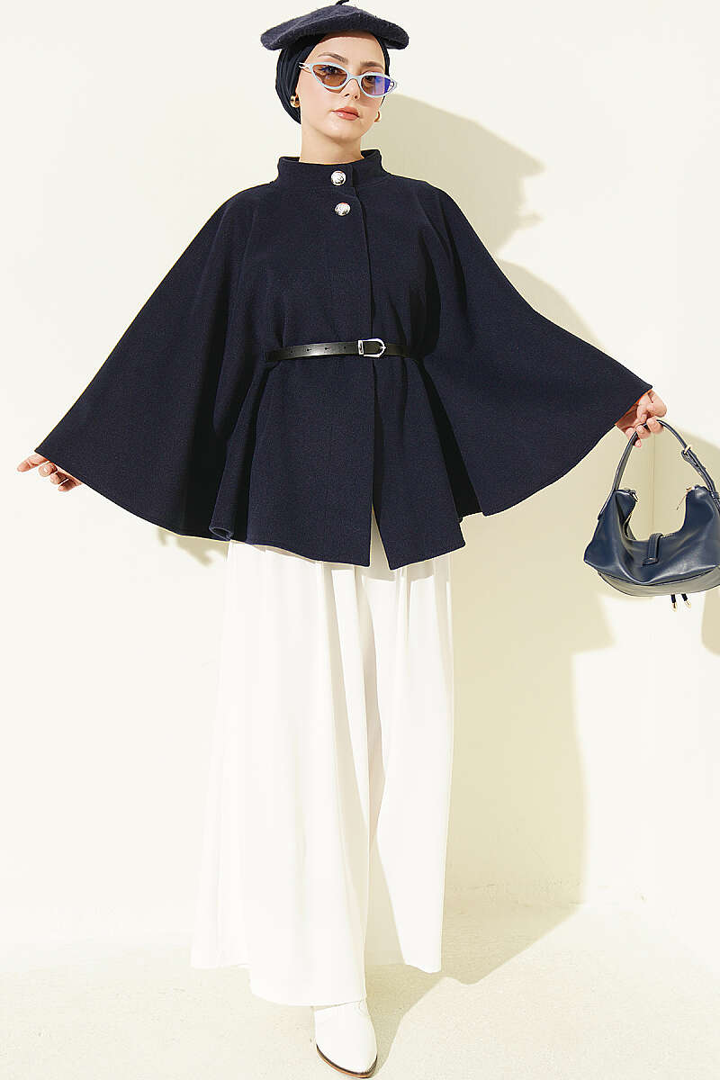 Belted Mandarin-Collar Felt Poncho - Navy