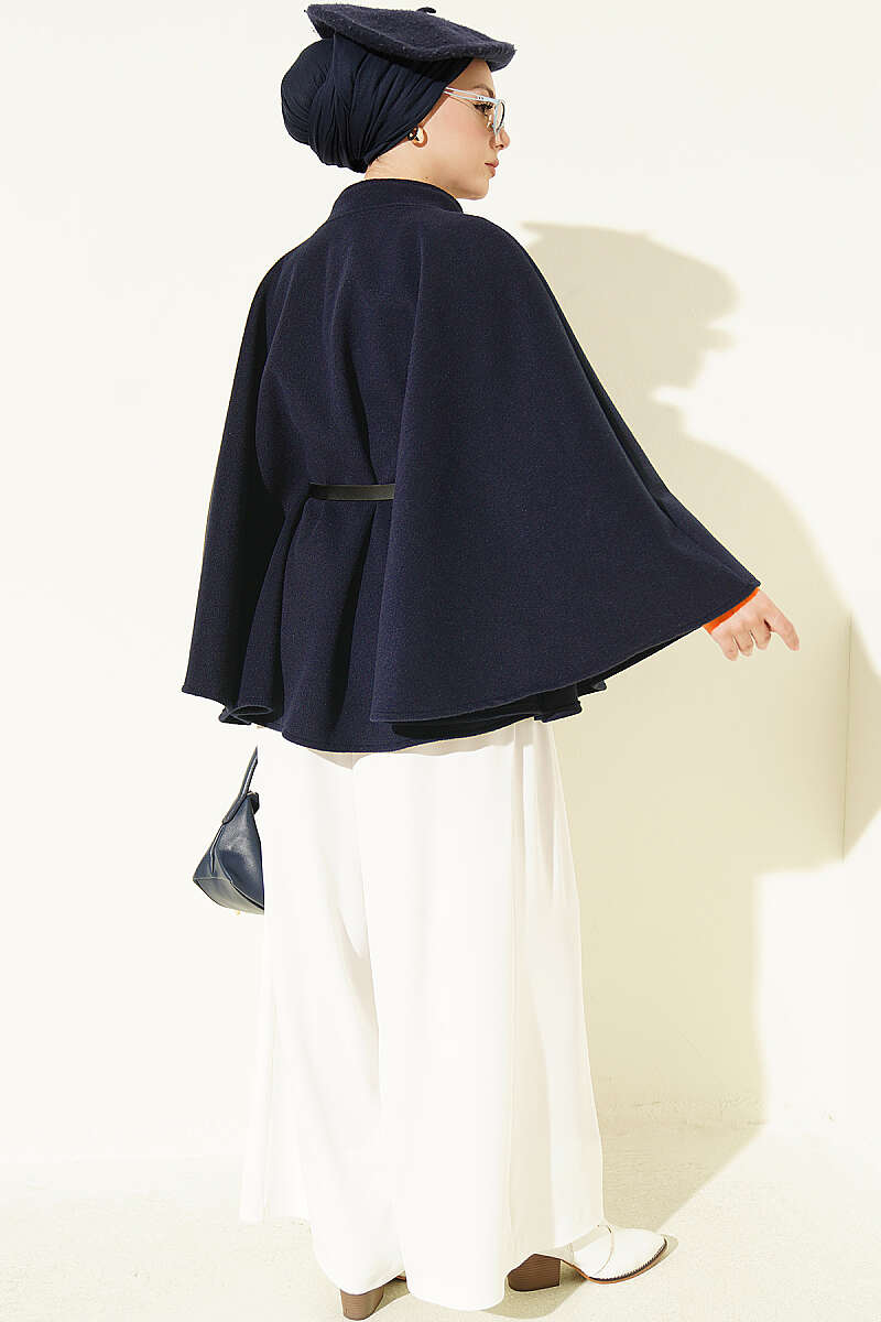 Belted Mandarin-Collar Felt Poncho - Navy