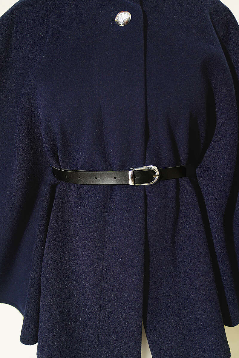 Belted Mandarin-Collar Felt Poncho - Navy