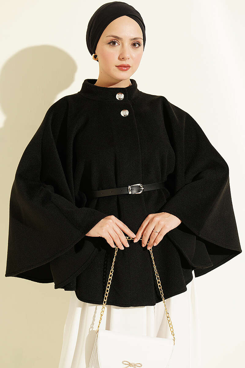 Belted Mandarin-Collar Felt Poncho - Black