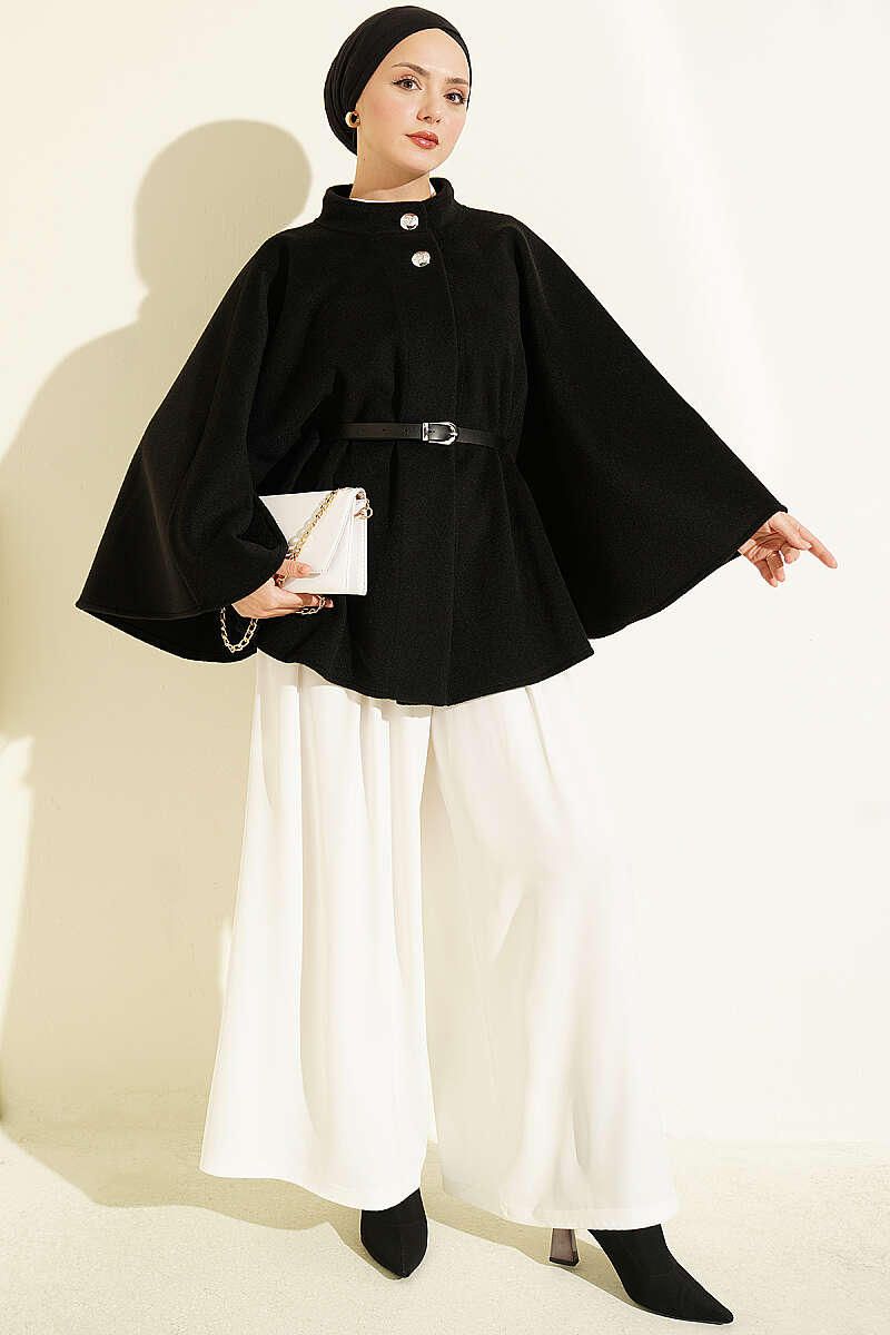 Belted Mandarin-Collar Felt Poncho - Black