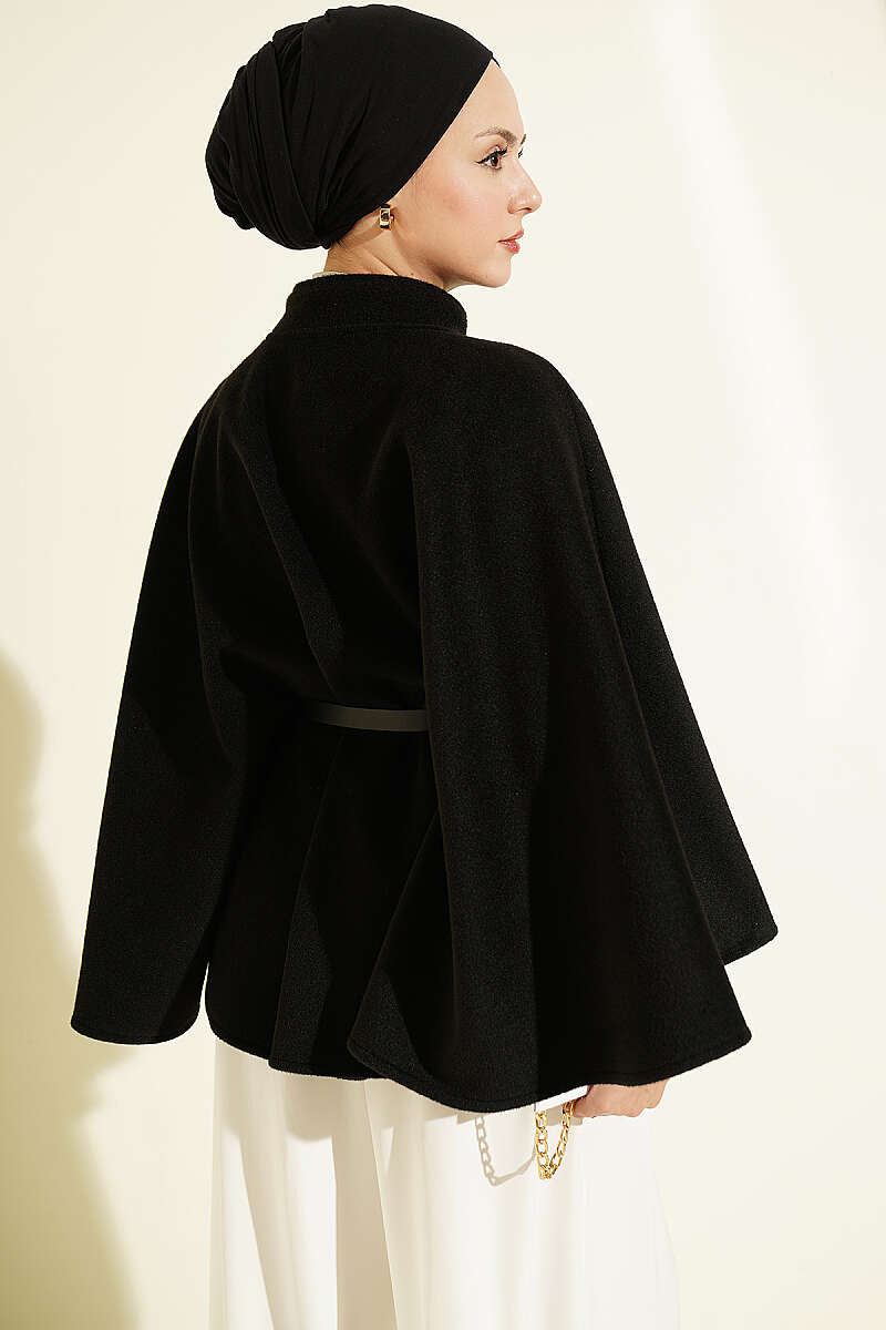 Belted Mandarin-Collar Felt Poncho - Black