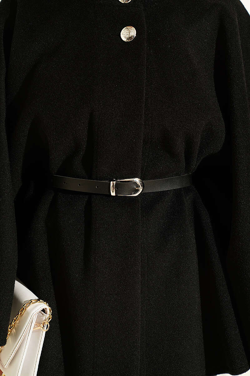 Belted Mandarin-Collar Felt Poncho - Black