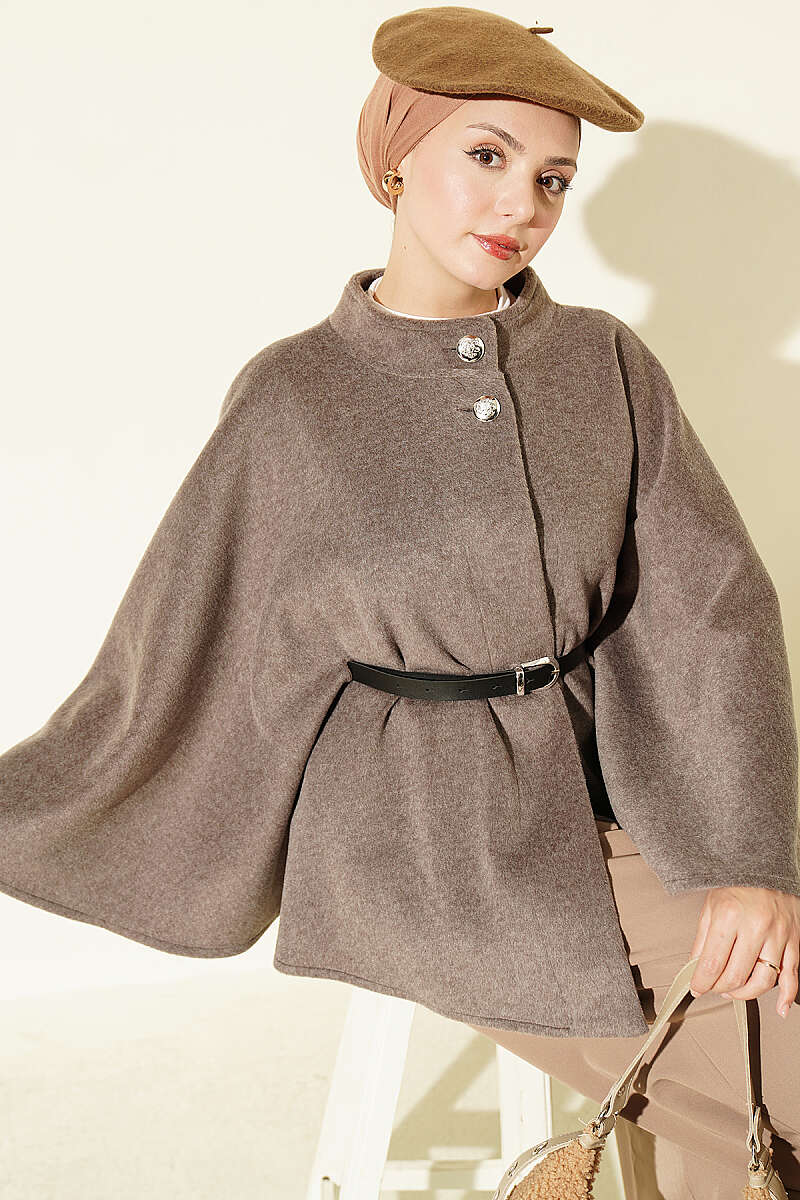 Belted Mandarin-Collar Felt Poncho - Mink
