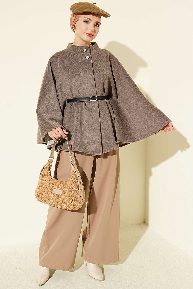 Belted Mandarin-Collar Felt Poncho - Mink