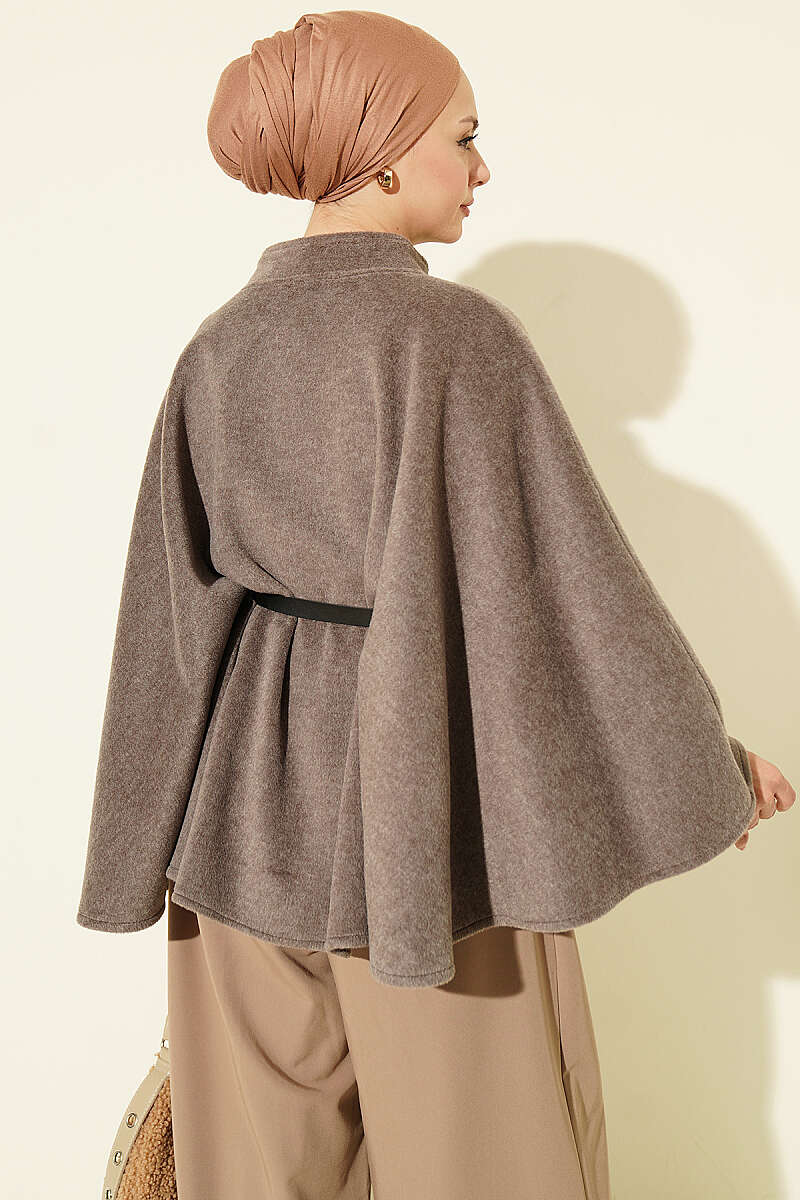 Belted Mandarin-Collar Felt Poncho - Mink