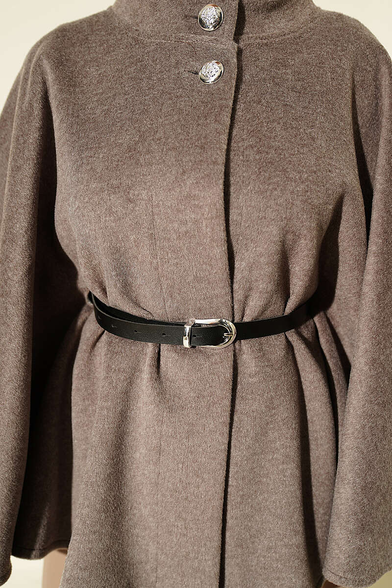 Belted Mandarin-Collar Felt Poncho - Mink