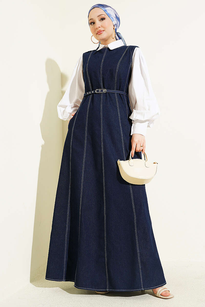 Belted Denim Pinafore Dress - Navy