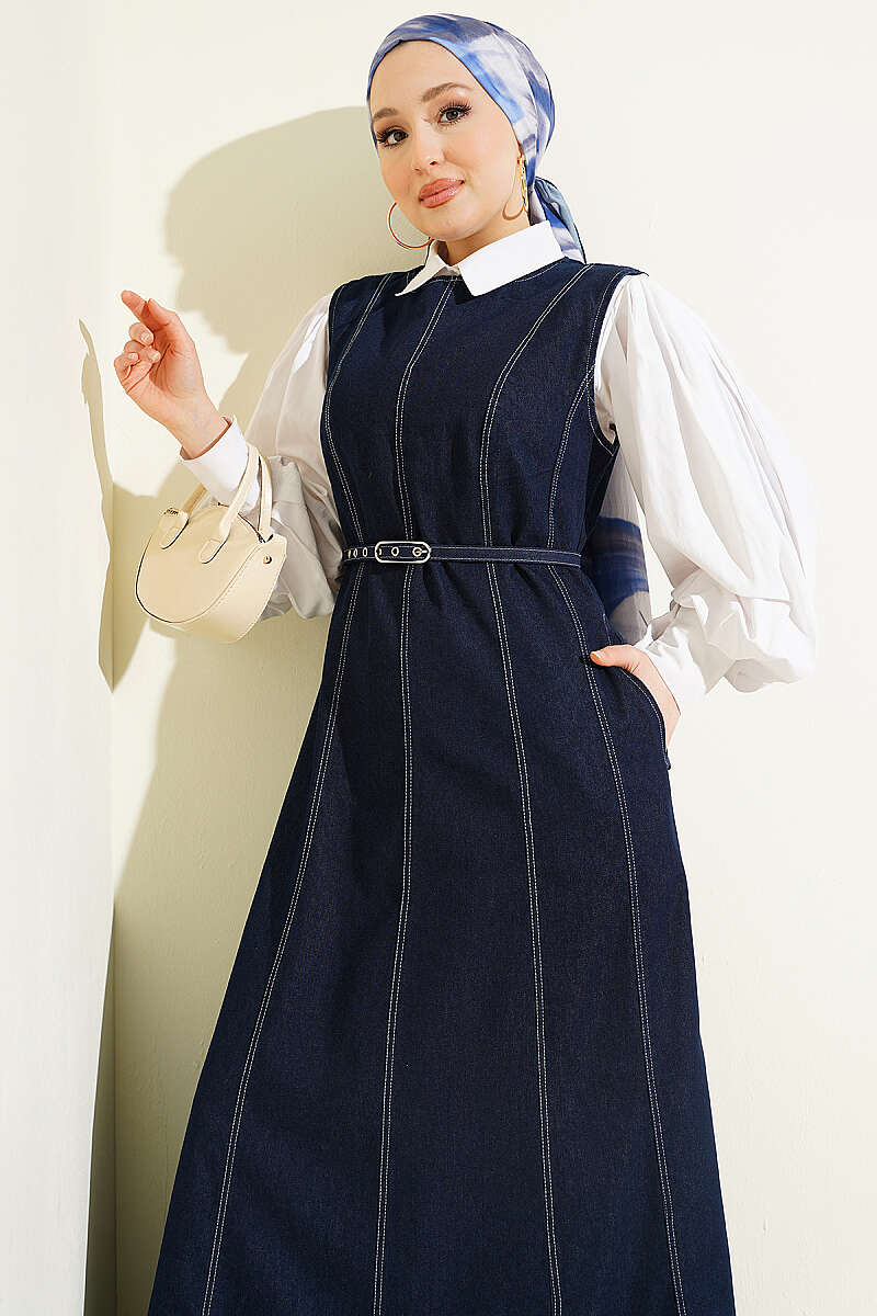 Belted Denim Pinafore Dress - Navy