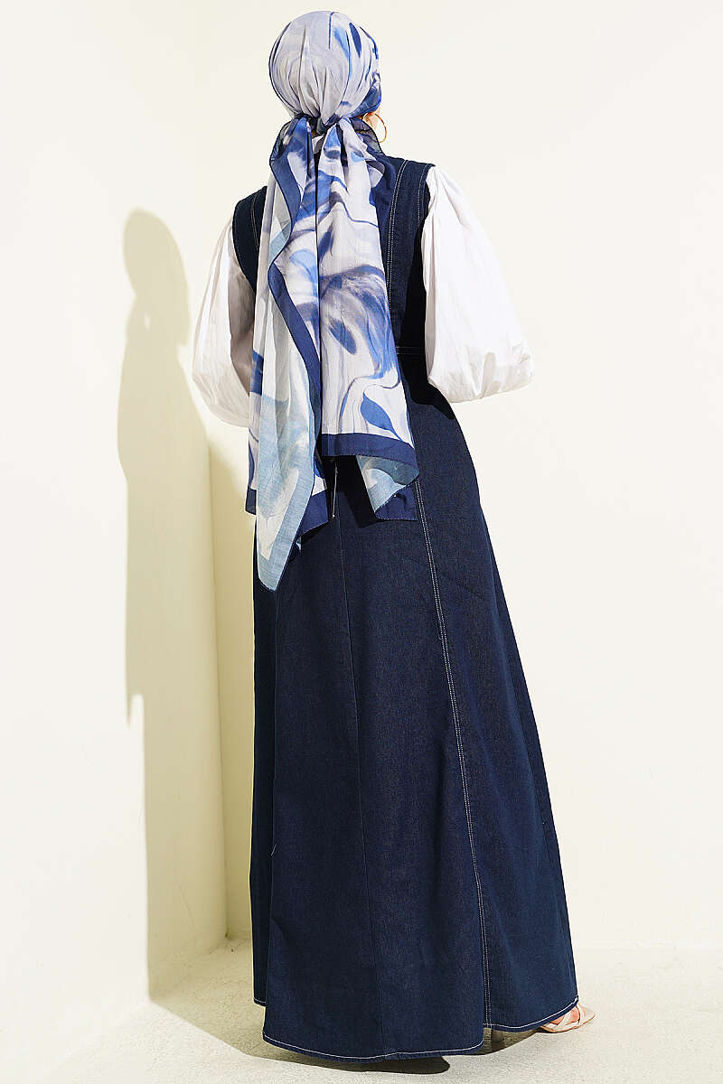 Belted Denim Pinafore Dress - Navy