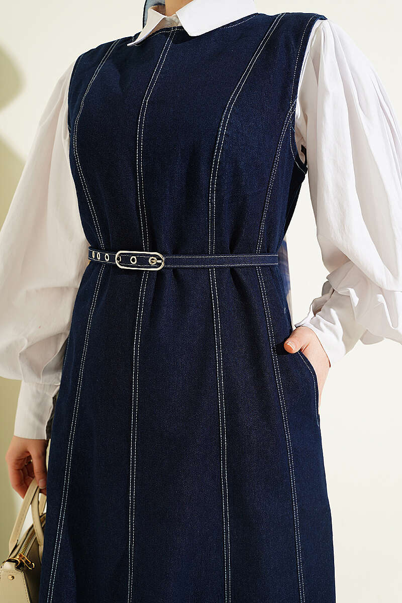 Belted Denim Pinafore Dress - Navy