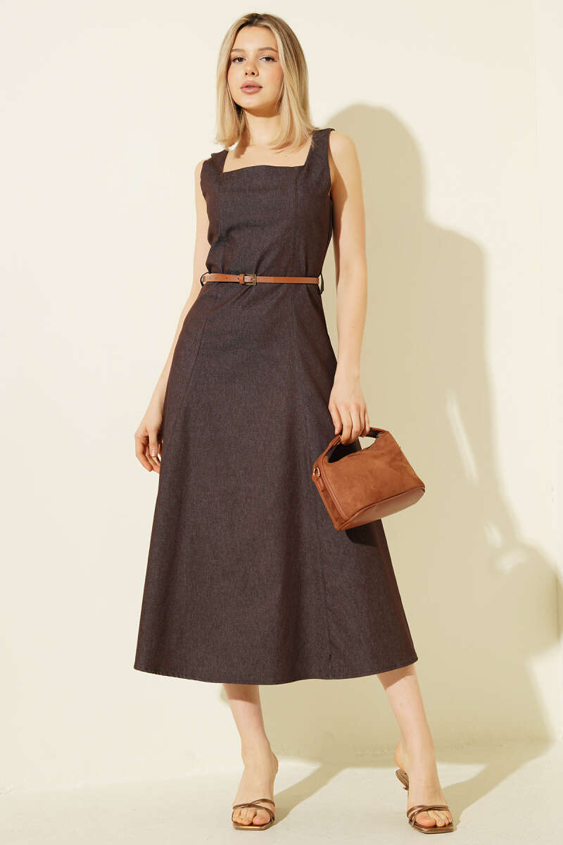 Belted Square-Neck Denim Midi Dress - Brown