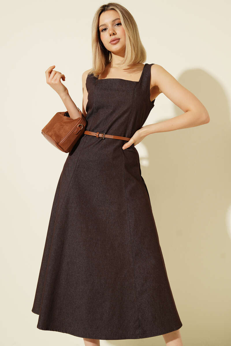 Belted Square-Neck Denim Midi Dress - Brown