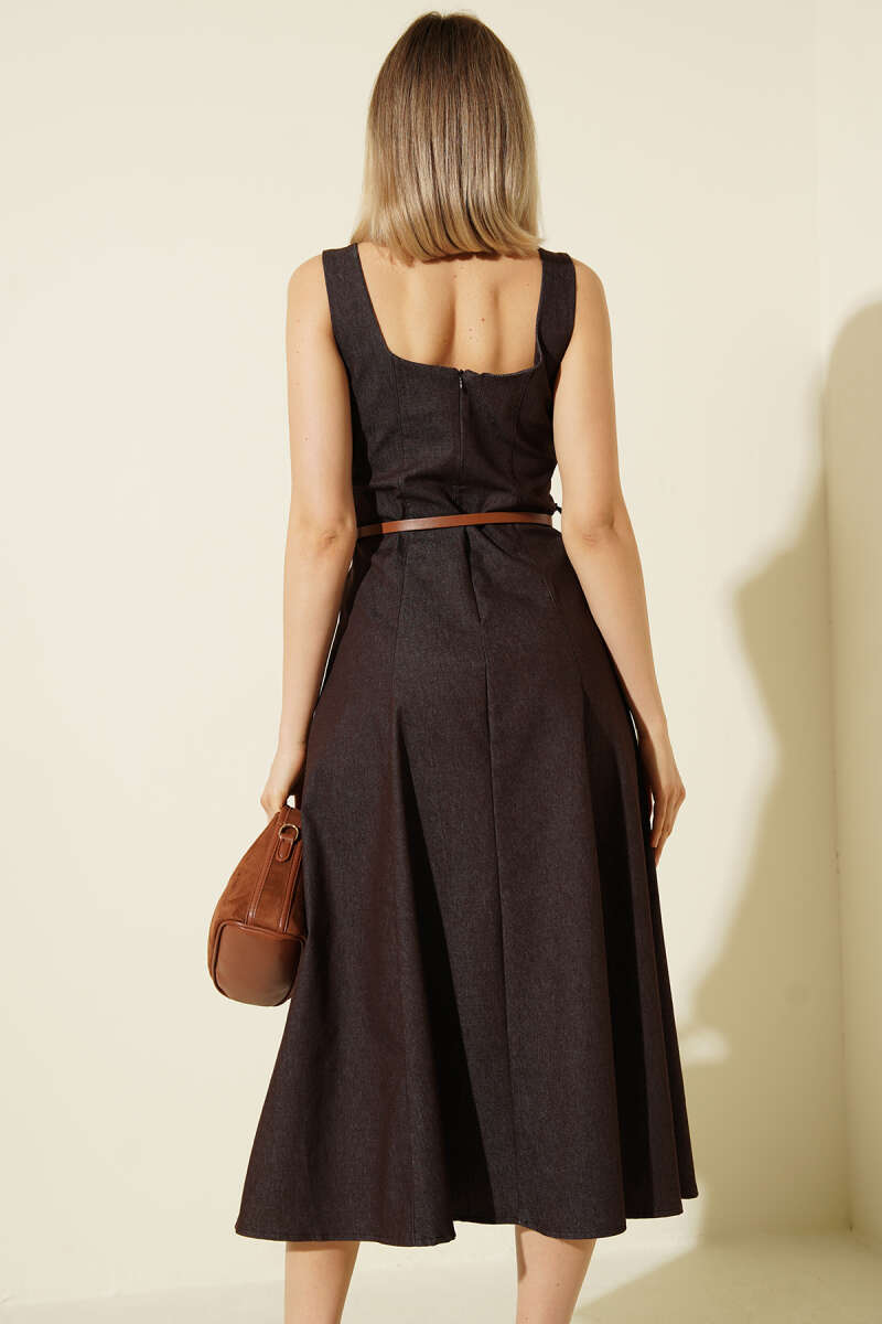 Belted Square-Neck Denim Midi Dress - Brown