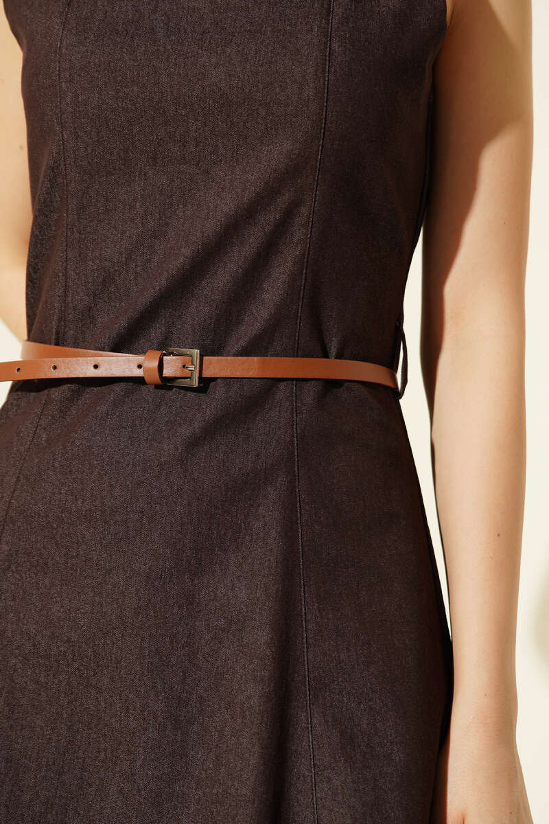 Belted Square-Neck Denim Midi Dress - Brown