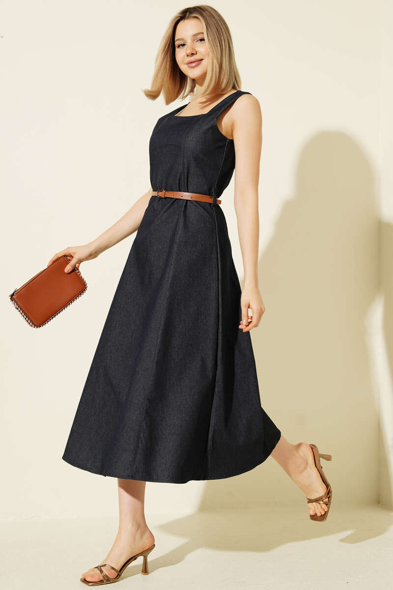 Belted Square-Neck Denim Midi Dress - Navy