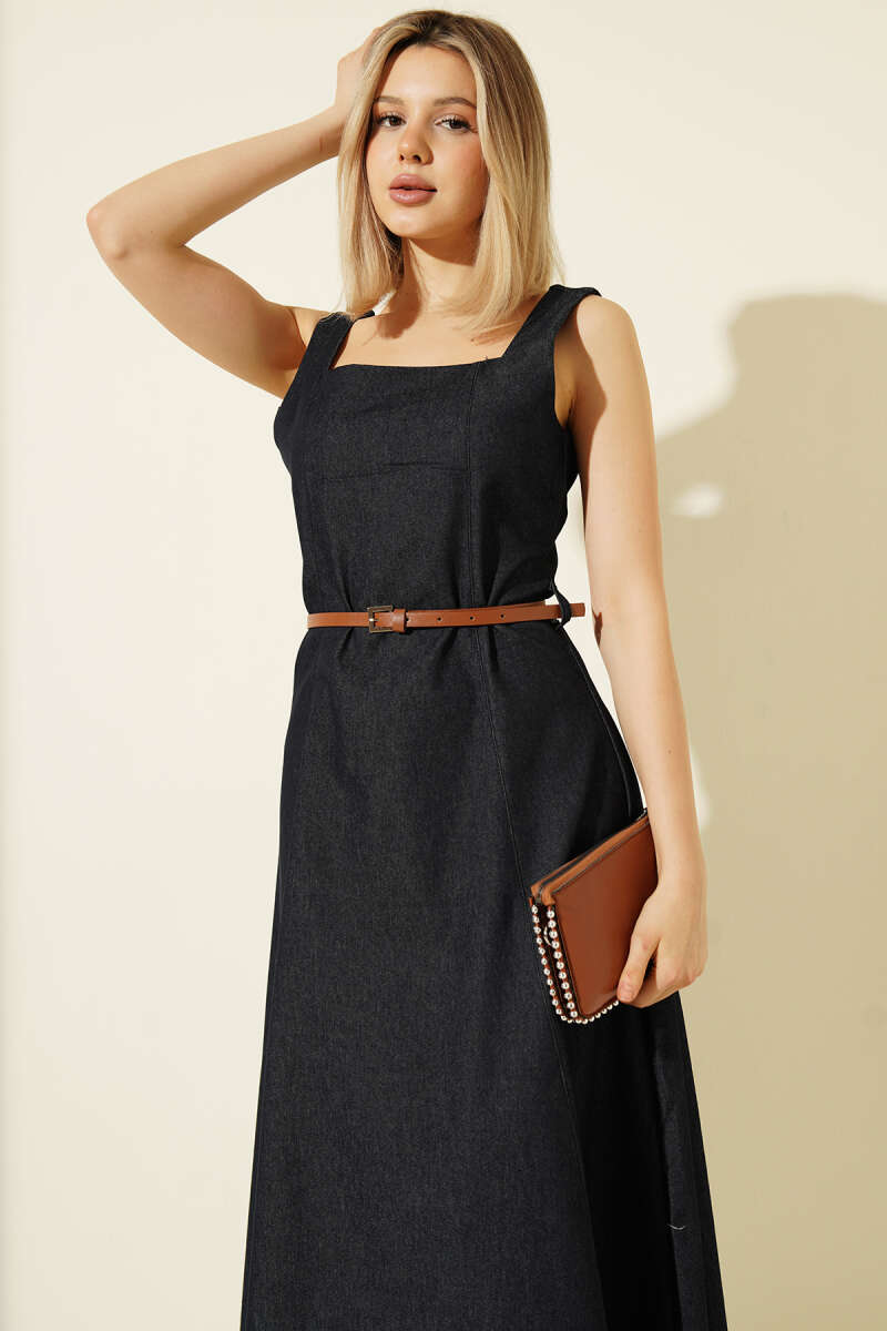Belted Square-Neck Denim Midi Dress - Navy