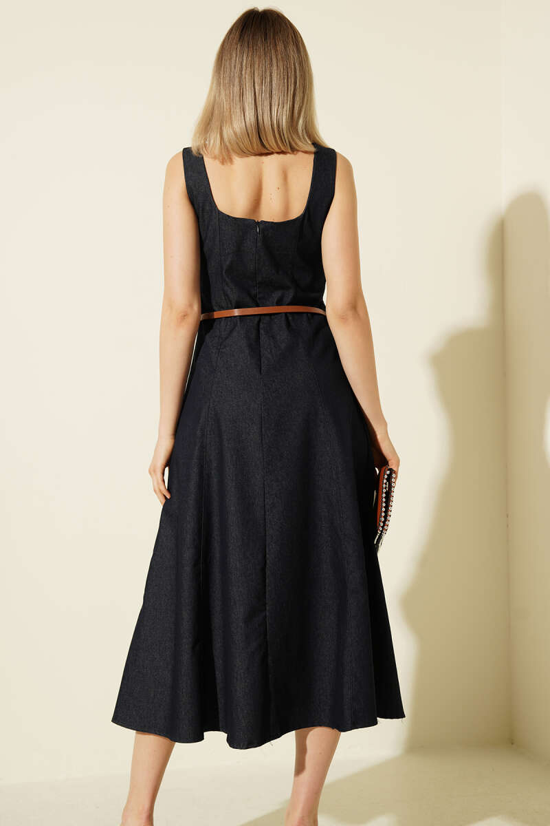 Belted Square-Neck Denim Midi Dress - Navy